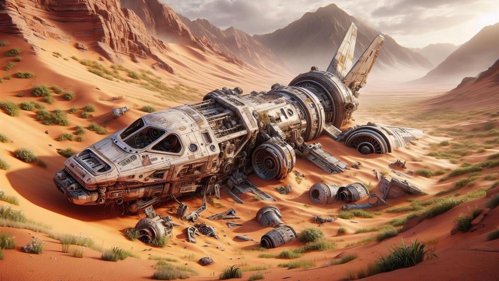 Crashed Starship in a Red Canyon on a Distant Desert World wallpaper