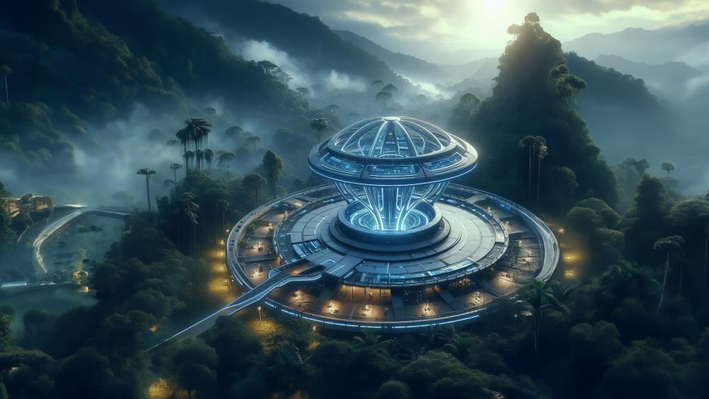 Neon Sanctuary Dome Above the Misty Jungle at Dusk wallpaper