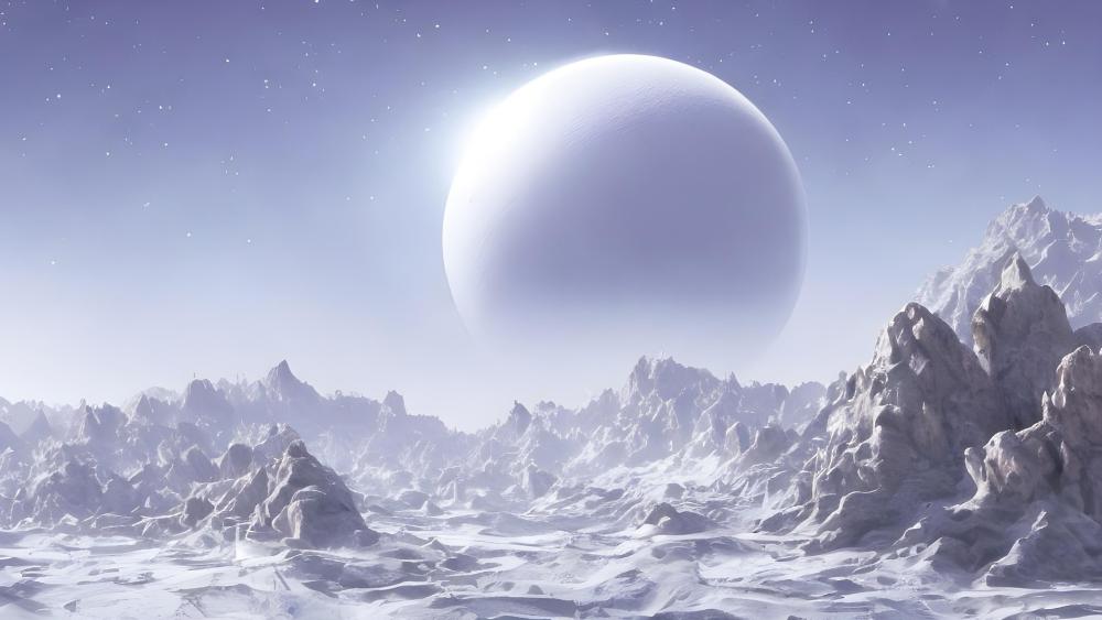 Frozen Wasteland Beneath a Giant Moon on an Alien World wallpaper