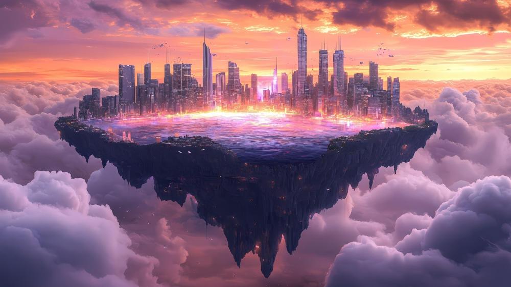 Floating Neon Metropolis Above the Clouds at Sunset wallpaper