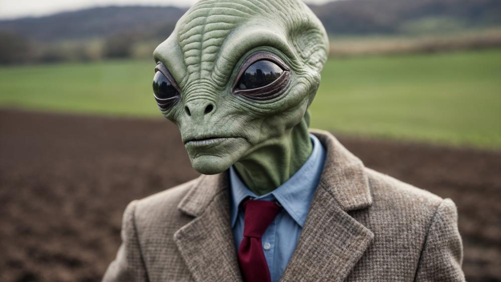 Countryside Encounter with a Suited Green Alien Visitor in 4K wallpaper