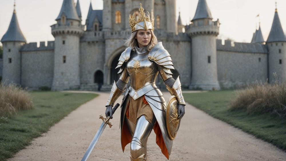 Crowned Silver Knight Before the Castle Gates in Golden Dawn Light wallpaper