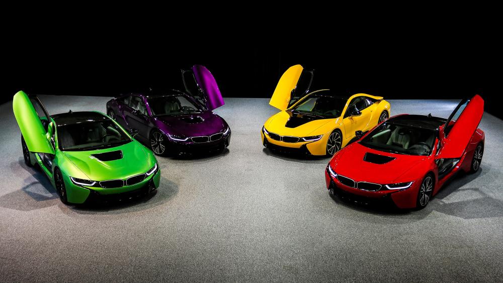 Neon BMW i8 Quartet With Butterfly Doors in 4K wallpaper
