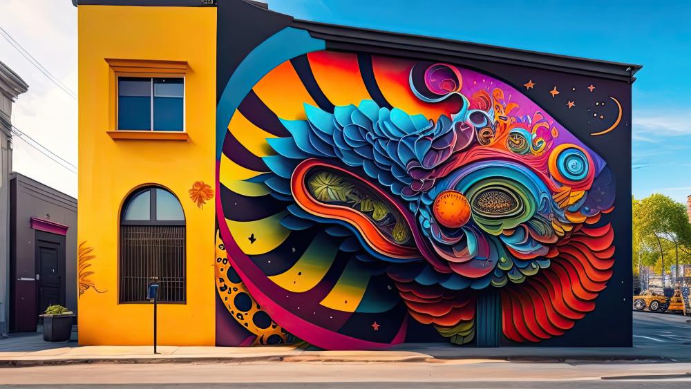 Neon Street Art Mural Ignites a Modern City Corner wallpaper