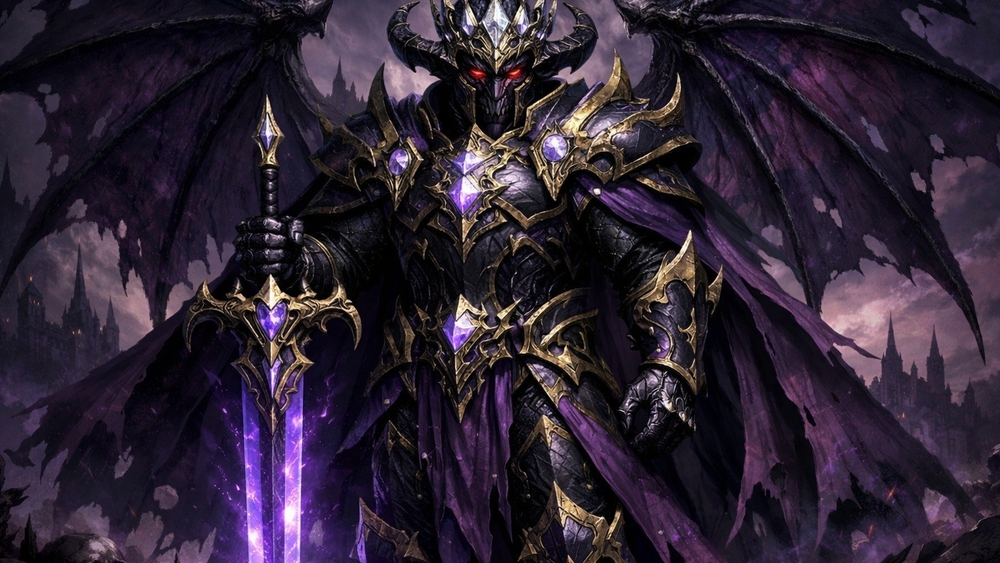 Violet Winged Demon Knight in Ornate Armour with Glowing Sword wallpaper