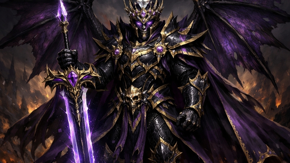 Violet Abyss Warlord in Obsidian Armour with Shadowed Wings wallpaper