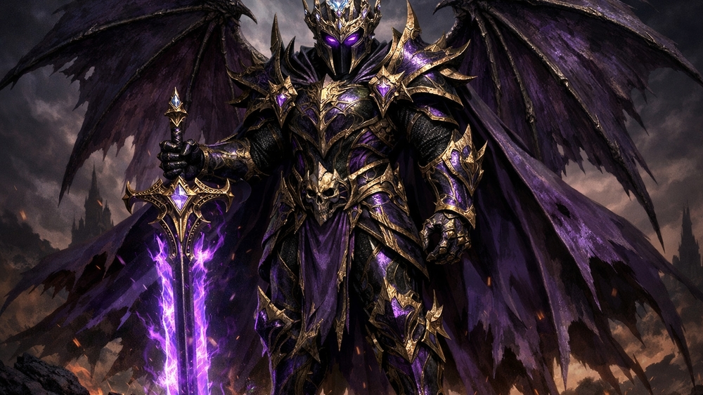 Purple Winged Demon Knight in Golden Armour Wielding Arcane Sword wallpaper