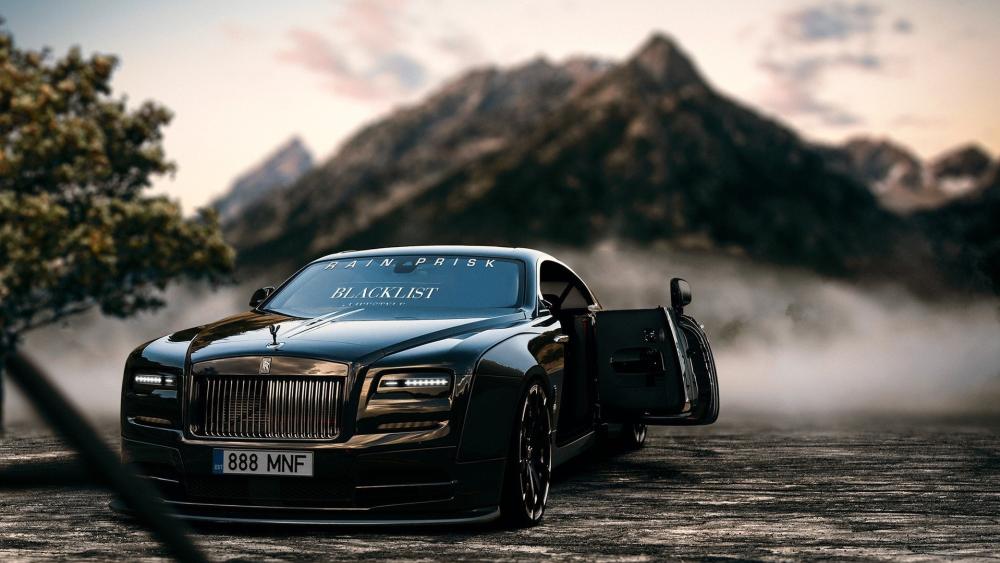Midnight Rolls Royce Wraith in Misty Mountains with Open Door wallpaper