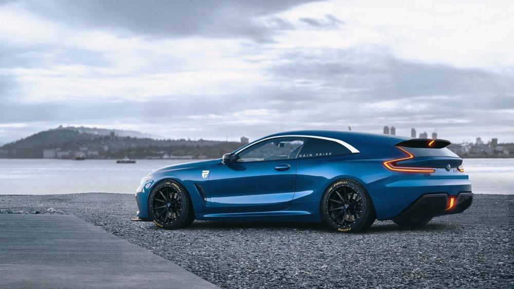 Blue BMW M8 Widebody Coupe Under Dramatic Cloudy Skies wallpaper
