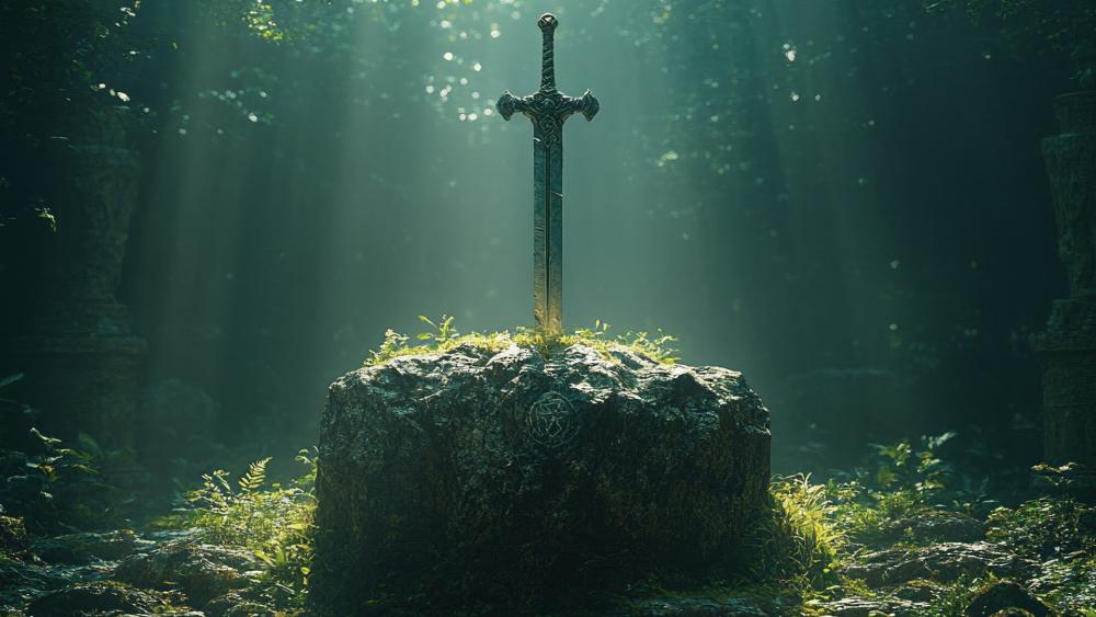 Sunlit Enchanted Sword in Stone Deep Within the Ancient Woodland wallpaper