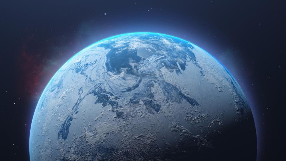 Glacial Earthlike Planet Rising Over a Silent Starfield wallpaper