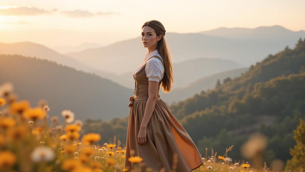 Dreamy Rustic Overlook with Young Woman in Wildflower Meadow wallpaper