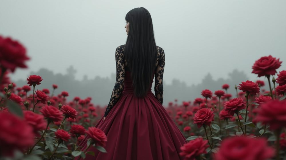 Crimson Reverie in a Misty Rosefield wallpaper