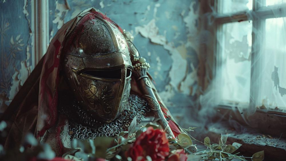 Forgotten Knight of Roses in a Ruined Medieval Chamber wallpaper