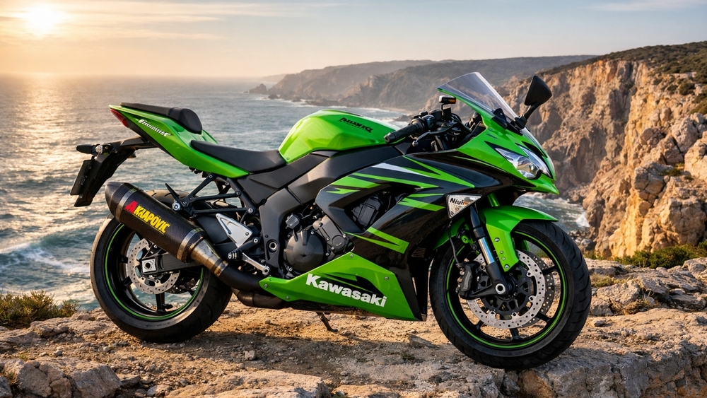 Kawasaki Green Sportbike Beside Ocean Cliffs at Golden Hour wallpaper