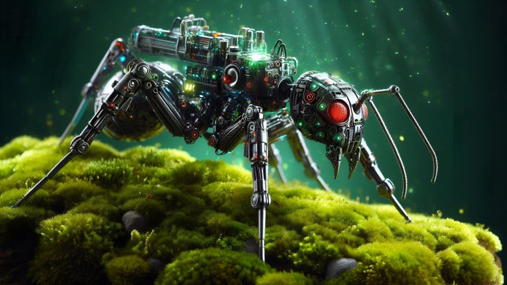 Neon Micro Mecha Ant Exploring Mossy Terrain wallpaper