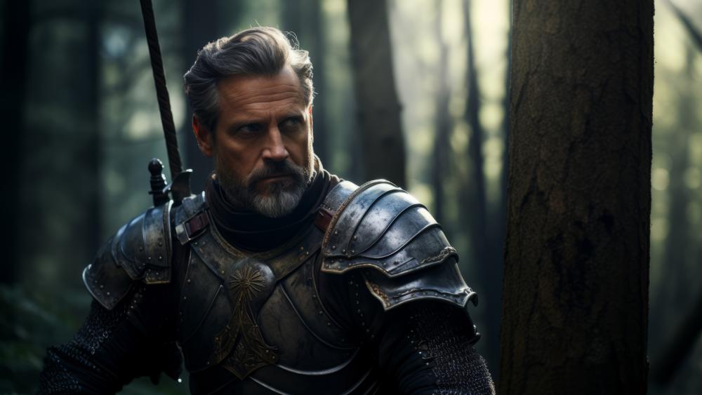 Brooding Silver Haired Knight Standing Watch in a Misty Cinematic Forest wallpaper