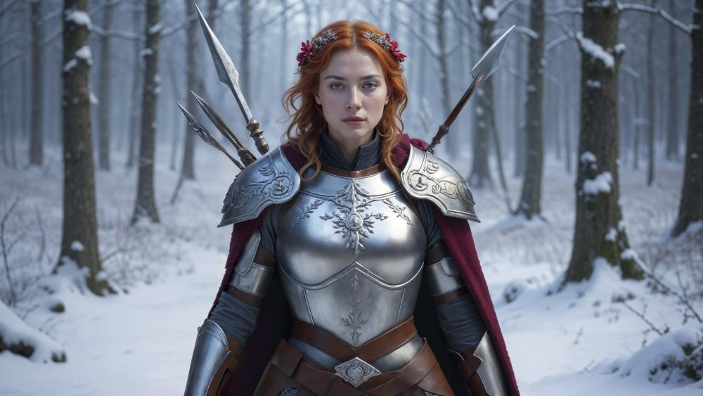 Crowned Winter Spear Maiden in Silver Armor, Enchanted Forest Vigil wallpaper