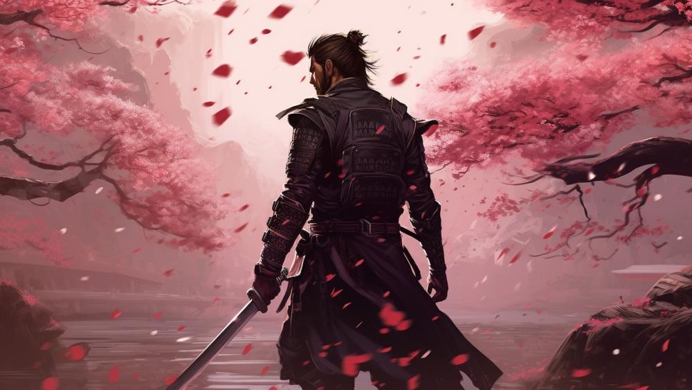 Wandering Samurai Beneath Sakura Storm in Pink Anime Serenity wallpaper
