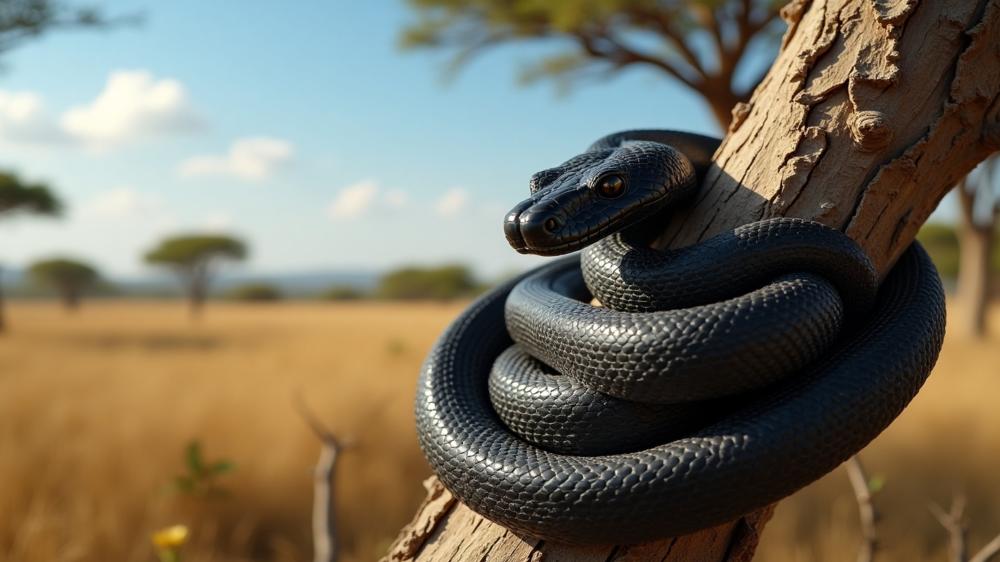 Midnight Black Snake Coiled on Sunlit Savanna Tree in 4K wallpaper