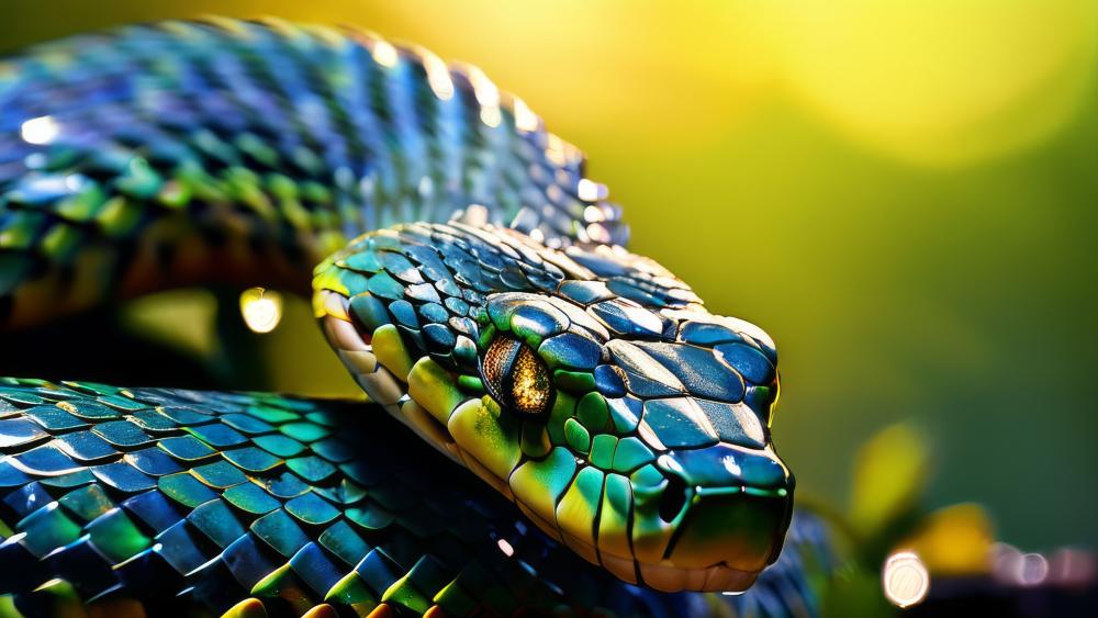 Iridescent Emerald Snake in Sunlit Bokeh 4K AI Artwork wallpaper