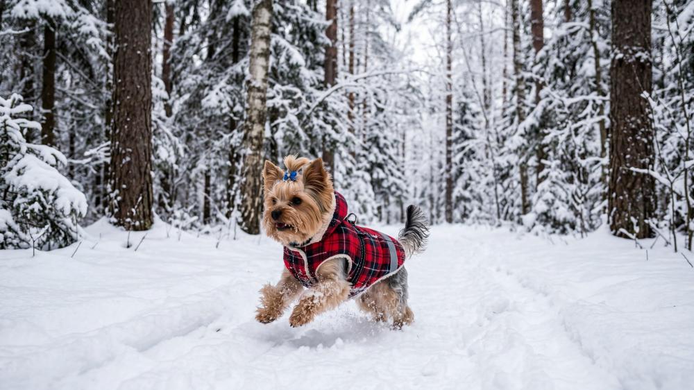 Playful Yorkie in Red Plaid Coat Racing Through Winter Snow wallpaper