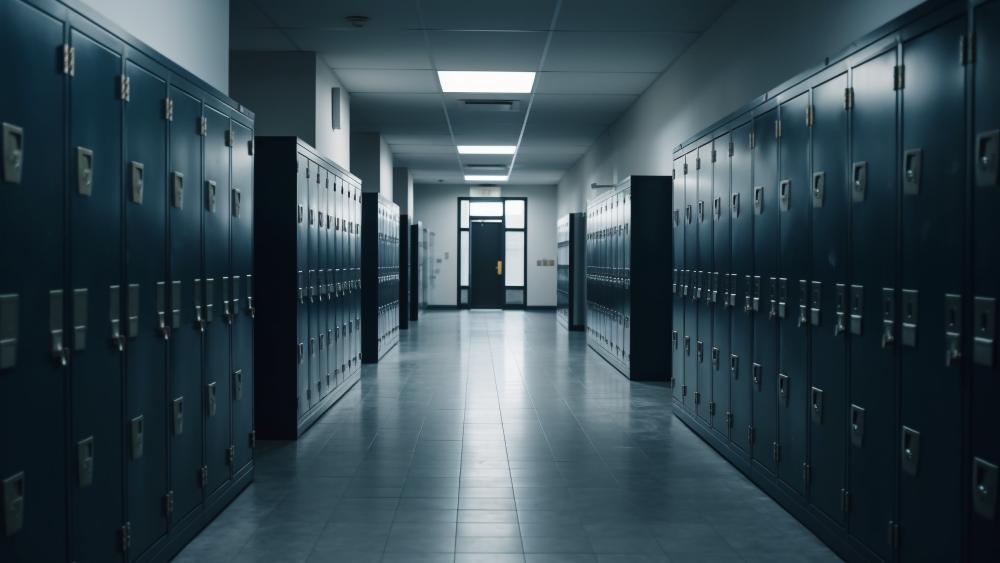 Silent City Corridor of Steel Lockers in Cool Blue Light wallpaper