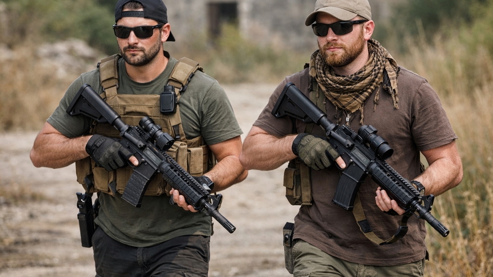 Two Armed Infantry Operators Advancing Through Dusty Training Grounds wallpaper