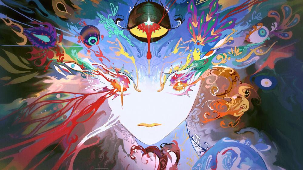Prismatic Dreamface with Surreal Eyes and Flowing Cosmic Ink wallpaper