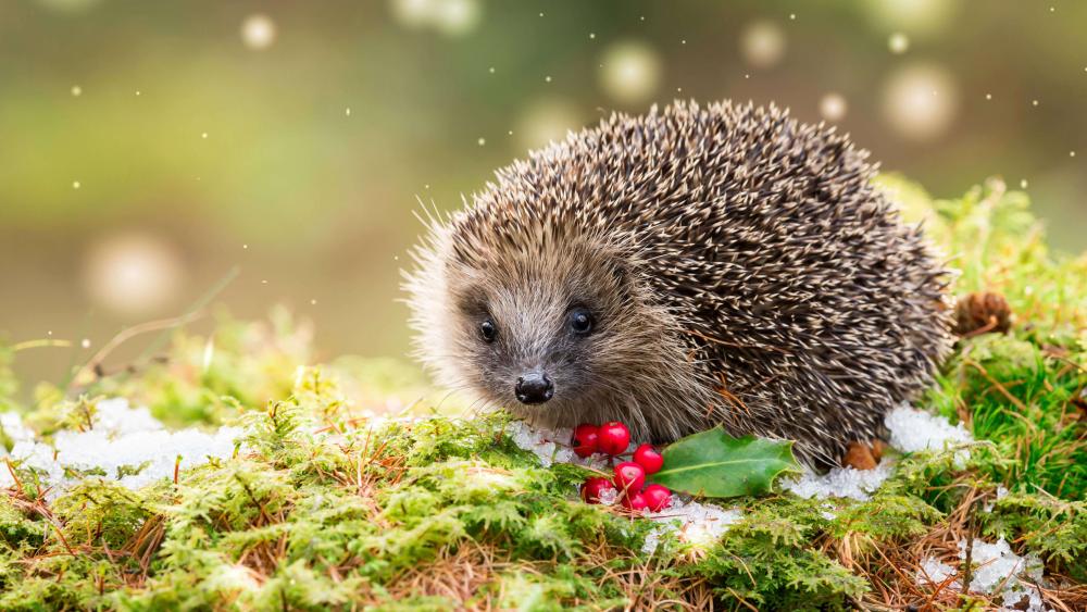 Adorable Hedgehog Close Up on Moss with Winter Berries 5K wallpaper