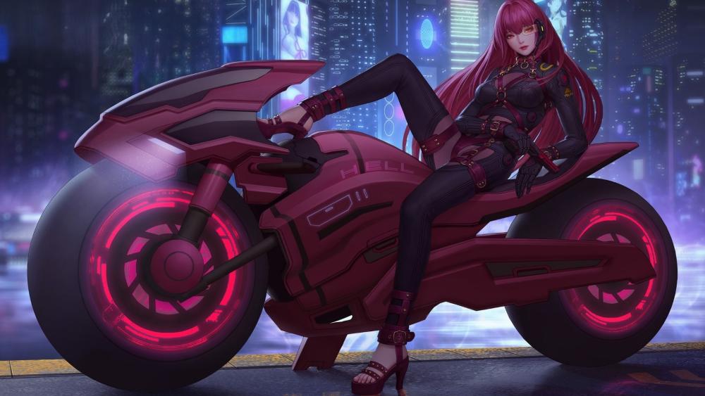 Neon Street Racer Cyberpunk Girl on Futuristic Motorcycle in Night City wallpaper