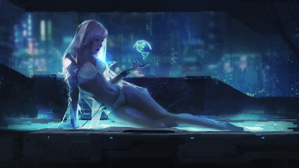 Ethereal Holographic Sorceress Cradling a Digital World in Neon Night wallpaper