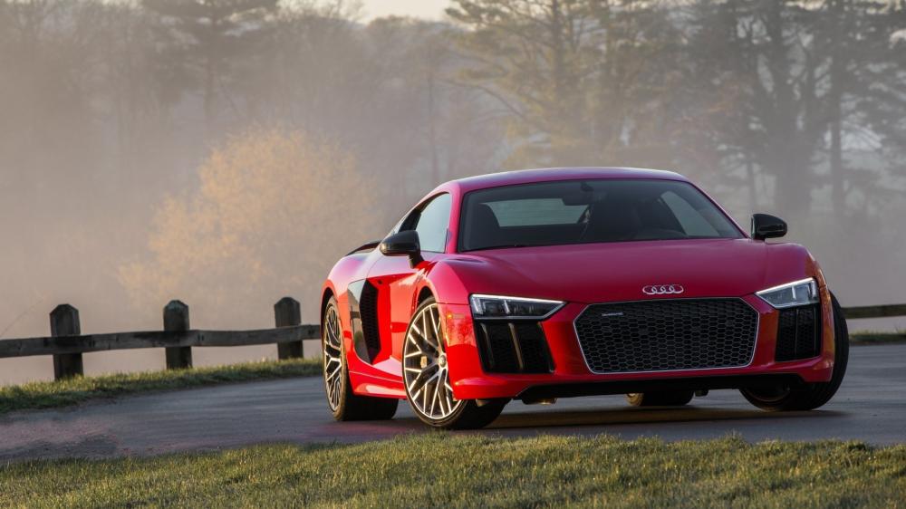 Crimson Audi R8 V10 in Misty Morning Roadside Glow wallpaper