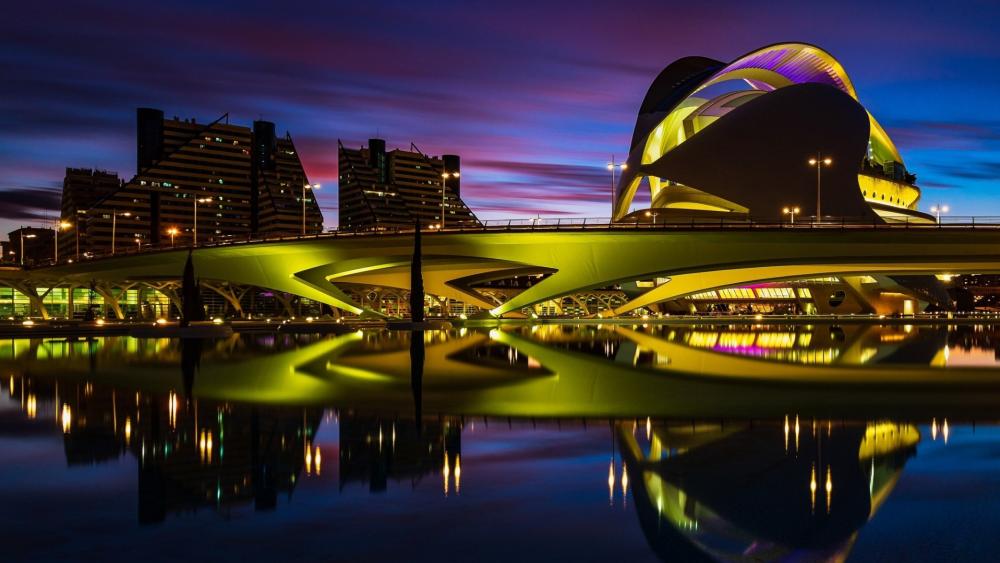 Neon Reflections at Palau de les Arts Reina Sofía Valencia Nightscape wallpaper