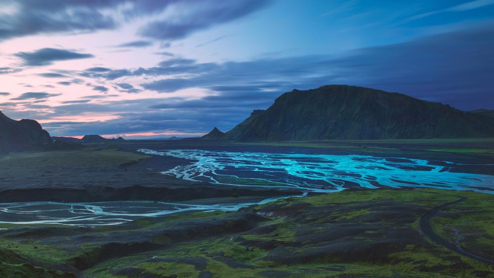 Twilight Rivers Weaving Through Vast Mountain Valley Landscape in 4K wallpaper