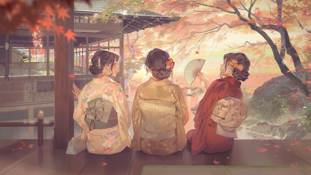 Autumn Serenity with Geisha Friends in Traditional Kimono Anime Style wallpaper