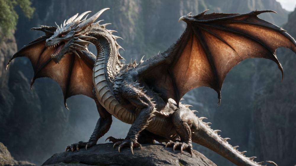 Majestic Mountain Dragon Spreading Wings Over Ancient Cliffs wallpaper