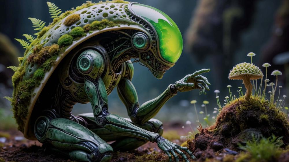 Moss Armored Alien Explorer Among Bioluminescent Forest Mushrooms wallpaper