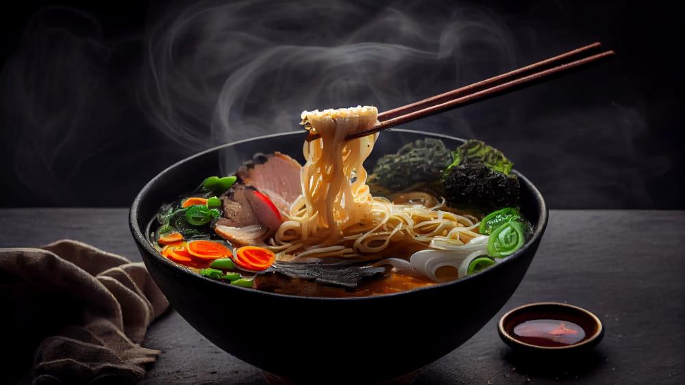 Steaming Ramen Noodle Soup in Moody 4K Food Wallpaper wallpaper