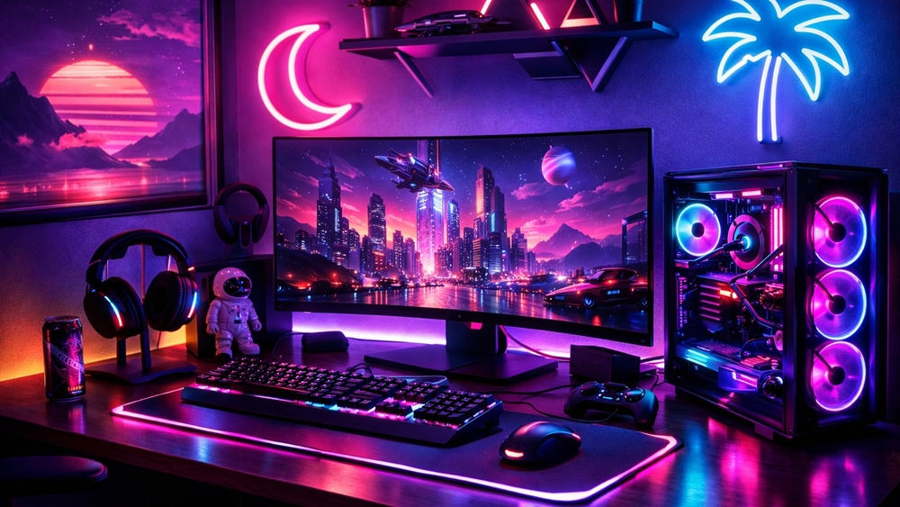 Neon Retrowave Gamer Desk With Cyber City Horizon wallpaper
