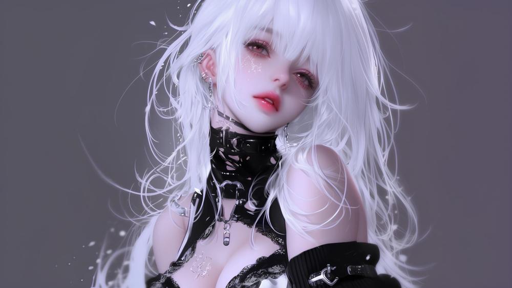 Ethereal White Haired Anime Siren in Noir Latex Glow wallpaper
