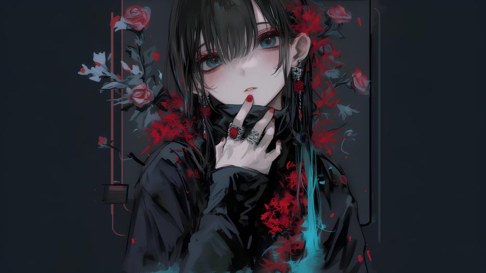 Crimson Roses and Blue Eyes Gothic Anime Girl 4K Wallpaper wallpaper