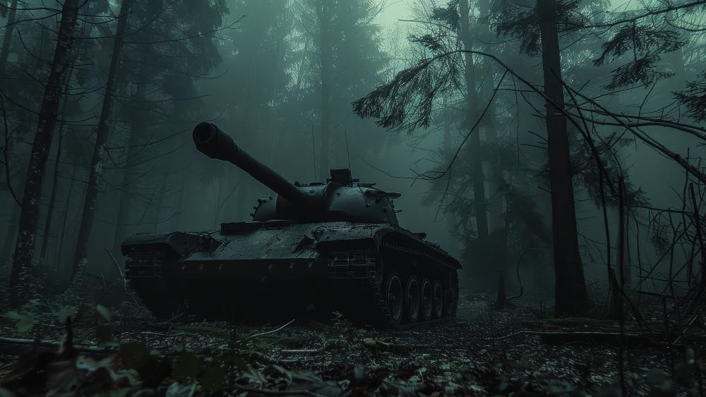 Silent Armored Sentinel in a Dark Foggy Forest wallpaper