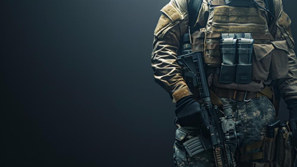 Tactical Infantry Soldier Holding Rifle in Modern Combat Gear wallpaper