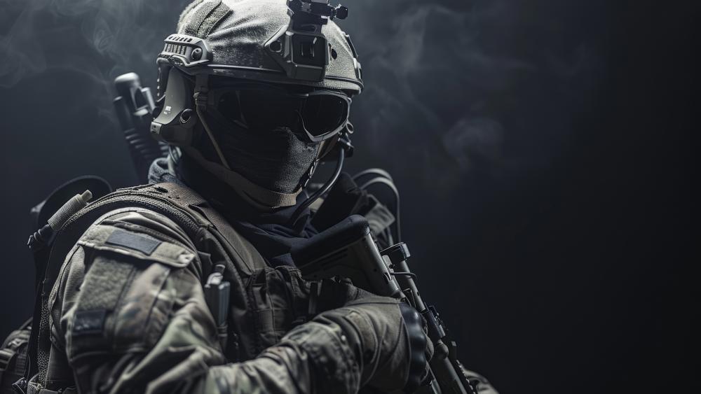 Shadow Ops Infantry Soldier in Smoke with Tactical Gear 5K Wallpaper wallpaper