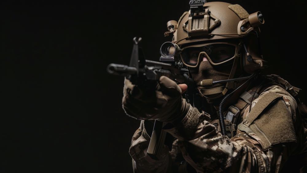 Shadow Ops Infantry Soldier Aiming Rifle on Deep Black Background wallpaper