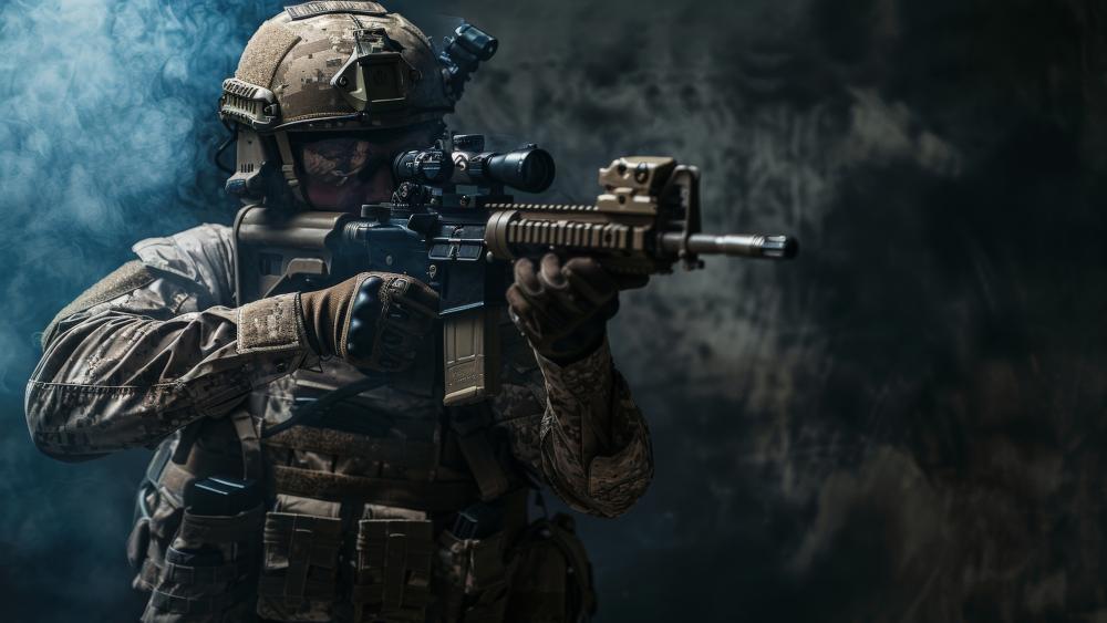 Camouflaged Operator Aiming Assault Rifle in Smoky Combat Scene wallpaper