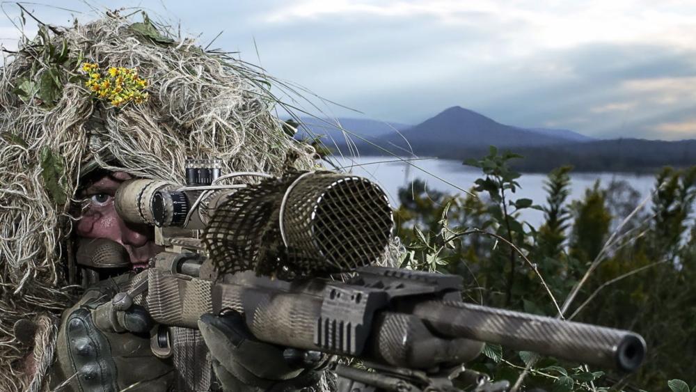 Ghillie Suit Sniper Overwatch by Misty Lake and Mountain Range wallpaper