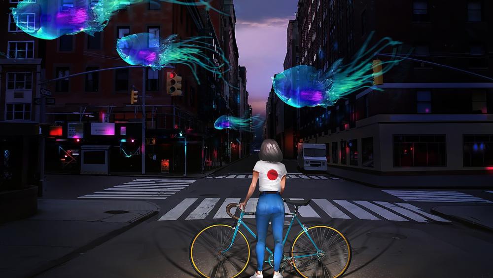 Bioluminescent Skyfish Over Midnight Crosswalk Ride wallpaper
