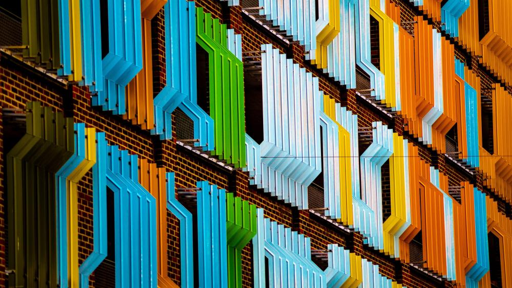 Vibrant Geometric Facade Pattern in Abstract Architectural Photography 4K wallpaper